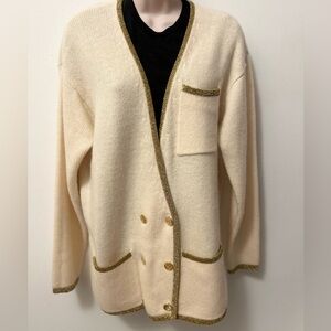 Vintage Liz Claiborne Chanel-Style Gold Trim Cardigan Lambswool Angora
